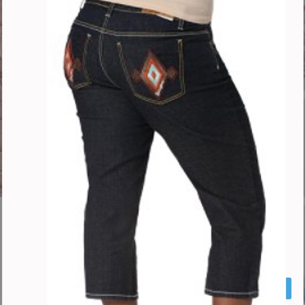 Rocawear Dark Indigo Cropped Jeans with Colorful Pocket Embroidery